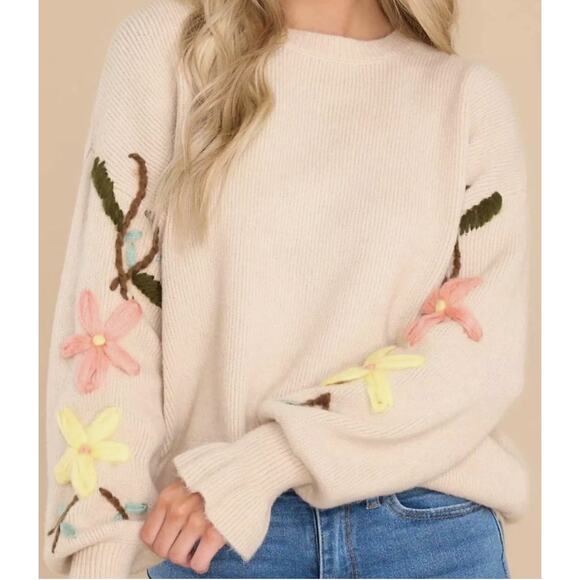 See and Be Seen Array of Flowers Embroidered Tan Sweater Medium - Picture 3 of 11